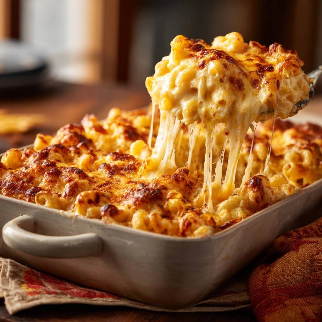 The Ultimate Triple Cheese Baked Mac showing a generous cheese pull from a spoonful being lifted from the dish.