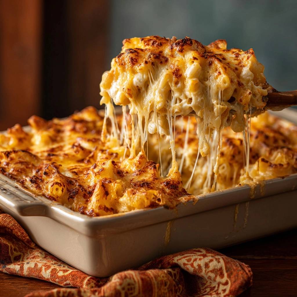 The ultimate triple cheese baked mac with a generous scoop showcasing long, gooey cheese pulls.