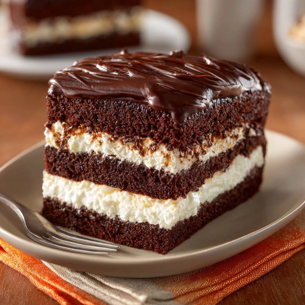 Triple layer chocolate cream cake cross-section showing rich chocolate cake and creamy white filling with chocolate ganache topping.