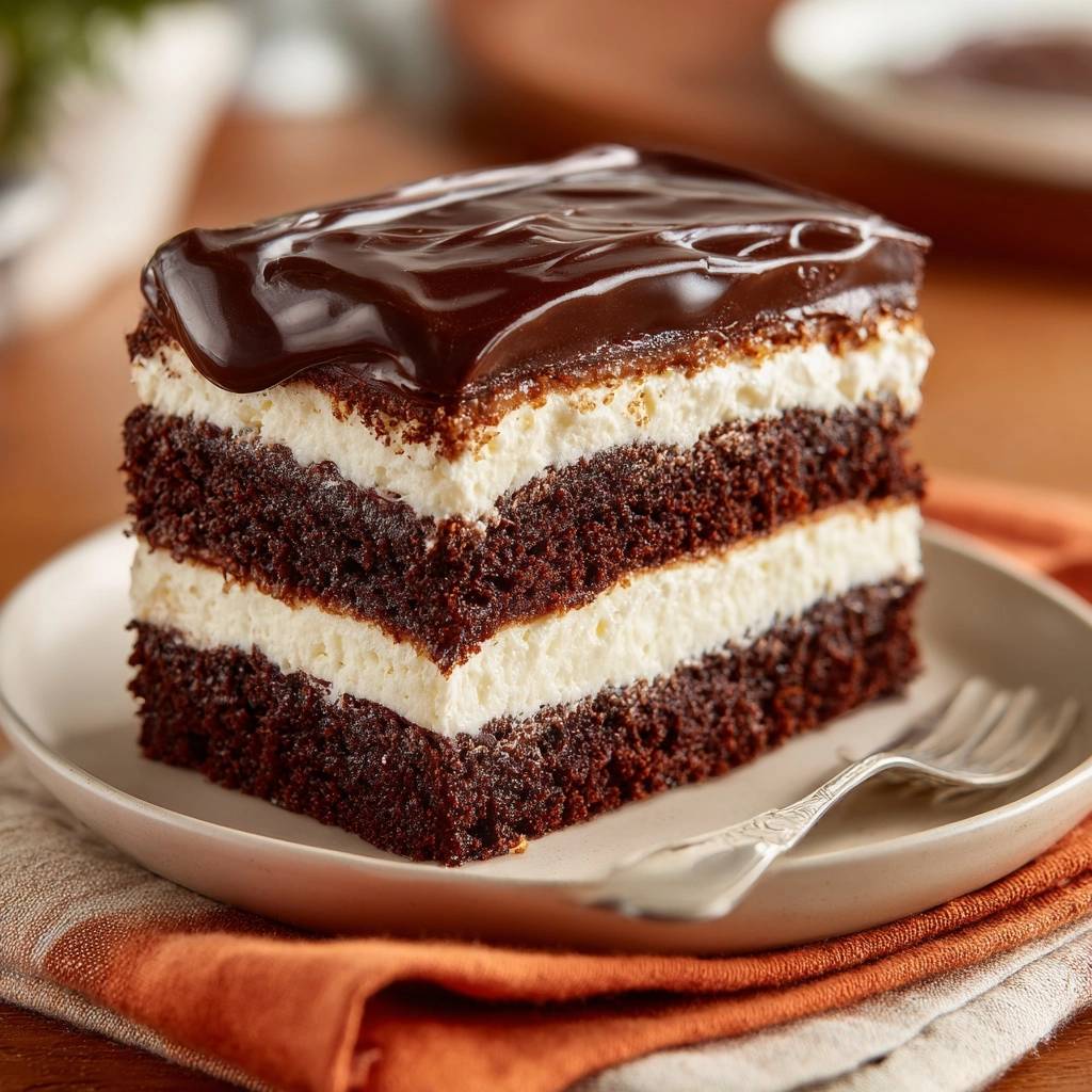 Triple layer chocolate cream cake slice showing rich chocolate cake and cream layers with glossy chocolate ganache topping.