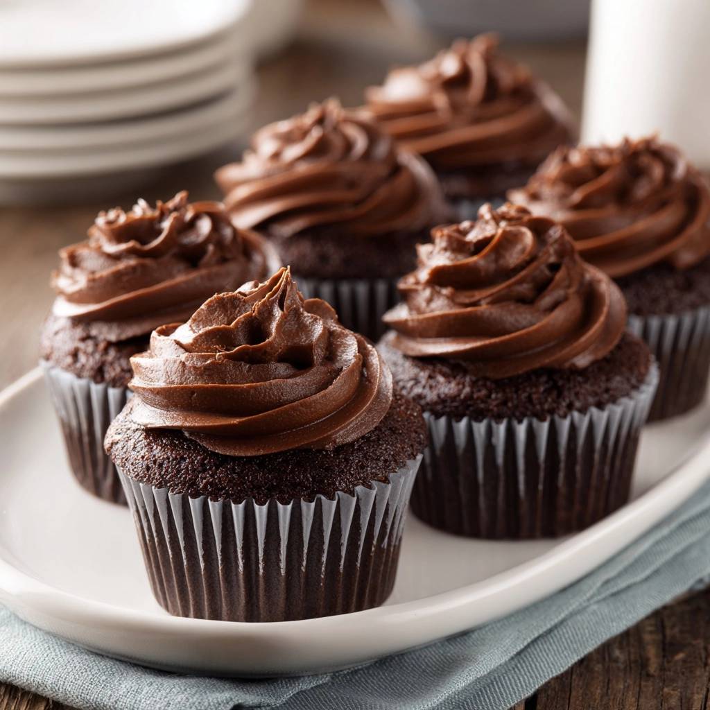 Ultra moist chocolate cupcakes recipe shown in a close-up view with rich chocolate frosting on a white plate.