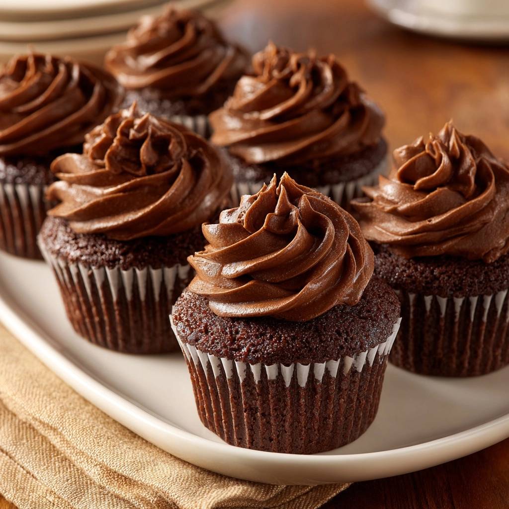Ultra moist chocolate cupcakes with rich chocolate frosting arranged on a white tray.