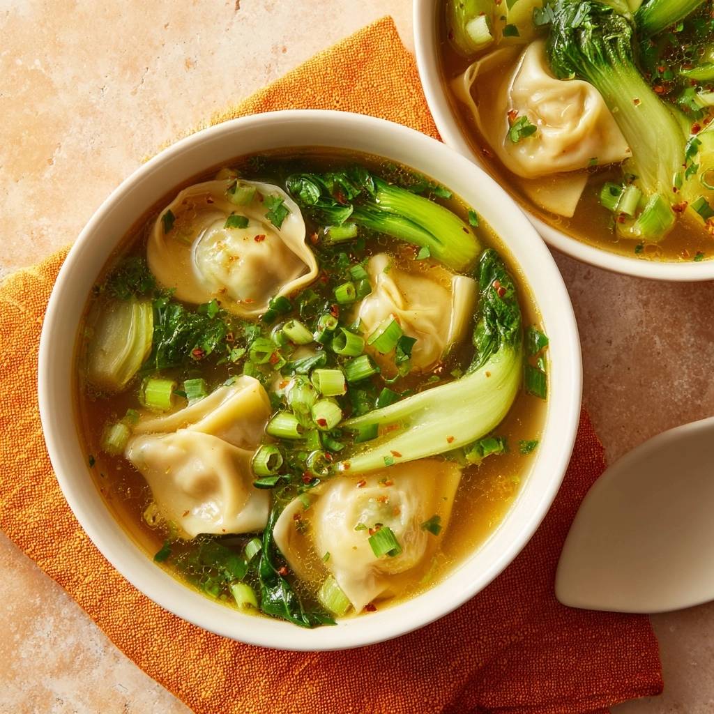 Vegetable wonton soup with intact dumplings and bok choy, served in white bowls on an orange napkin.