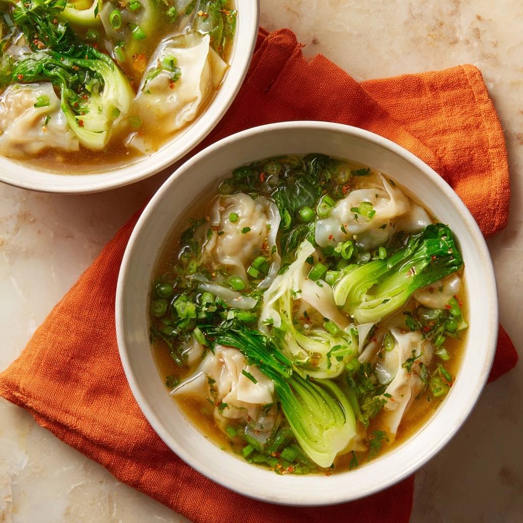 Vegetable wonton soup with intact dumplings and bok choy in overhead bowls.