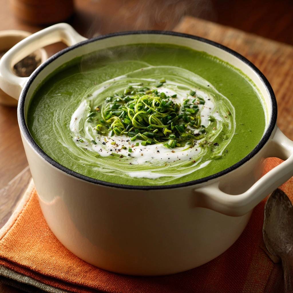 Velvety green pea soup garnished with cream swirls and fresh chives in a white pot.