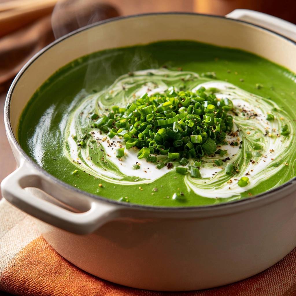 Velvety green pea soup with a swirl of cream and a generous pile of chopped chives on top.