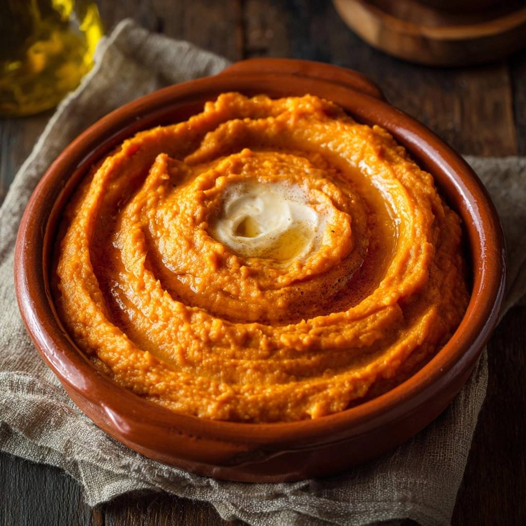 Velvety mashed sweet potatoes with a swirl of melted butter in a rustic brown bowl.