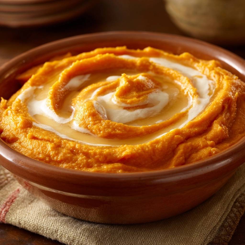 Velvety mashed sweet potatoes with a creamy swirl topping and glistening glaze in a rustic bowl.