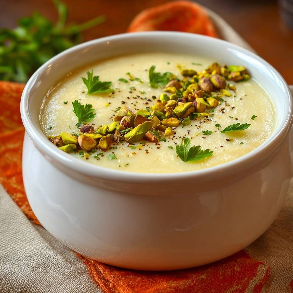 Velvety pistachio potato soup is beautifully garnished with chopped pistachios and fresh parsley in a white bowl.