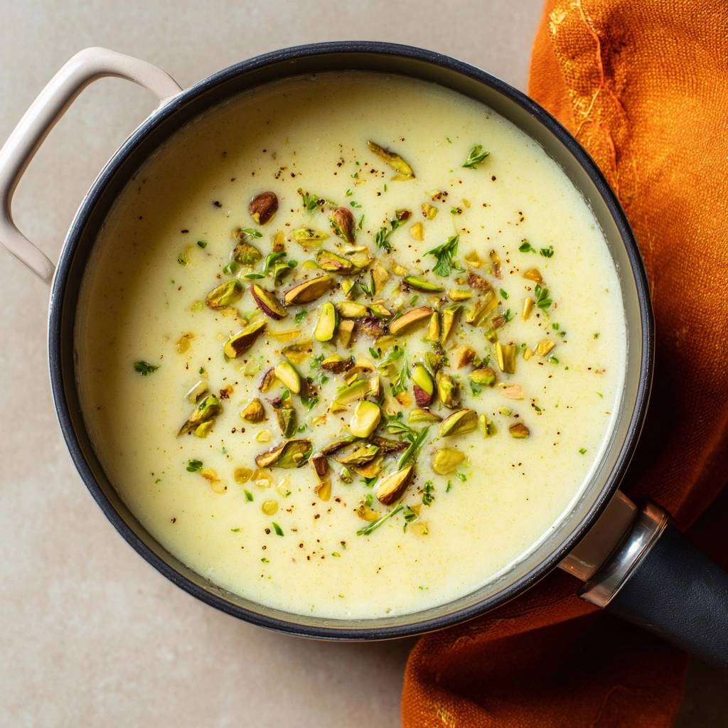 Velvety potato soup topped with chopped pistachios and fresh herbs, showcasing a rich and creamy texture.