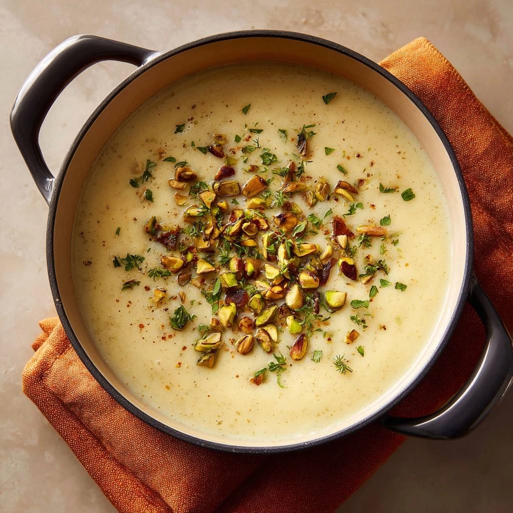 Velvety potato soup generously garnished with chopped pistachios and herbs in a Dutch oven.