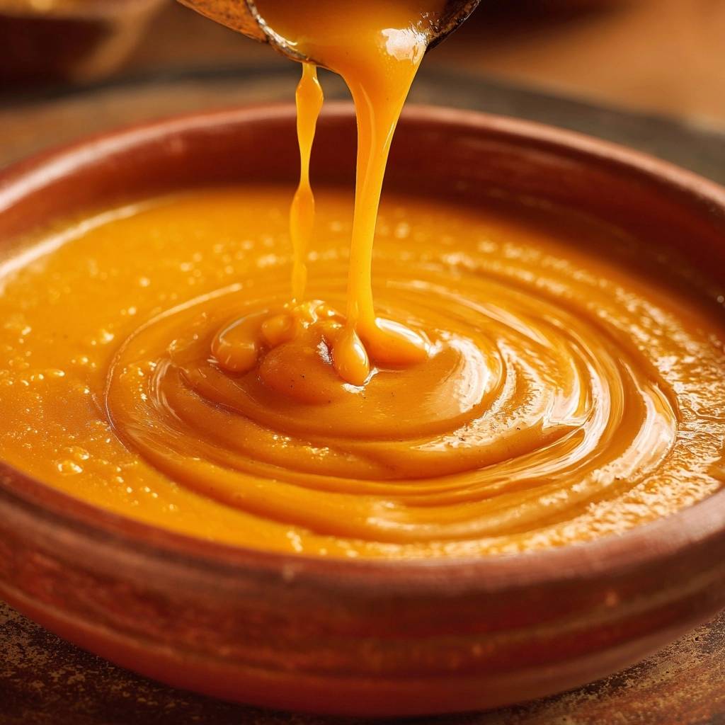 Velvety pumpkin soup being poured into a rustic brown bowl, creating swirling patterns.
