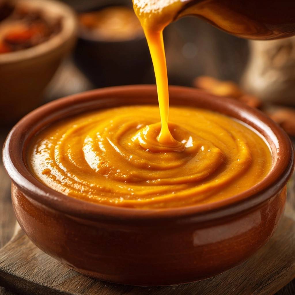 Velvety pumpkin soup being poured into a rustic brown bowl, showing creamy swirls.