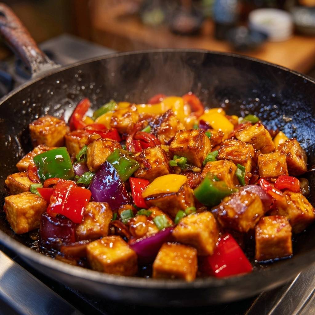 Vibrant bell pepper tofu stir-fry sizzling in a black wok with steam rising from the glazed tofu and vegetables.