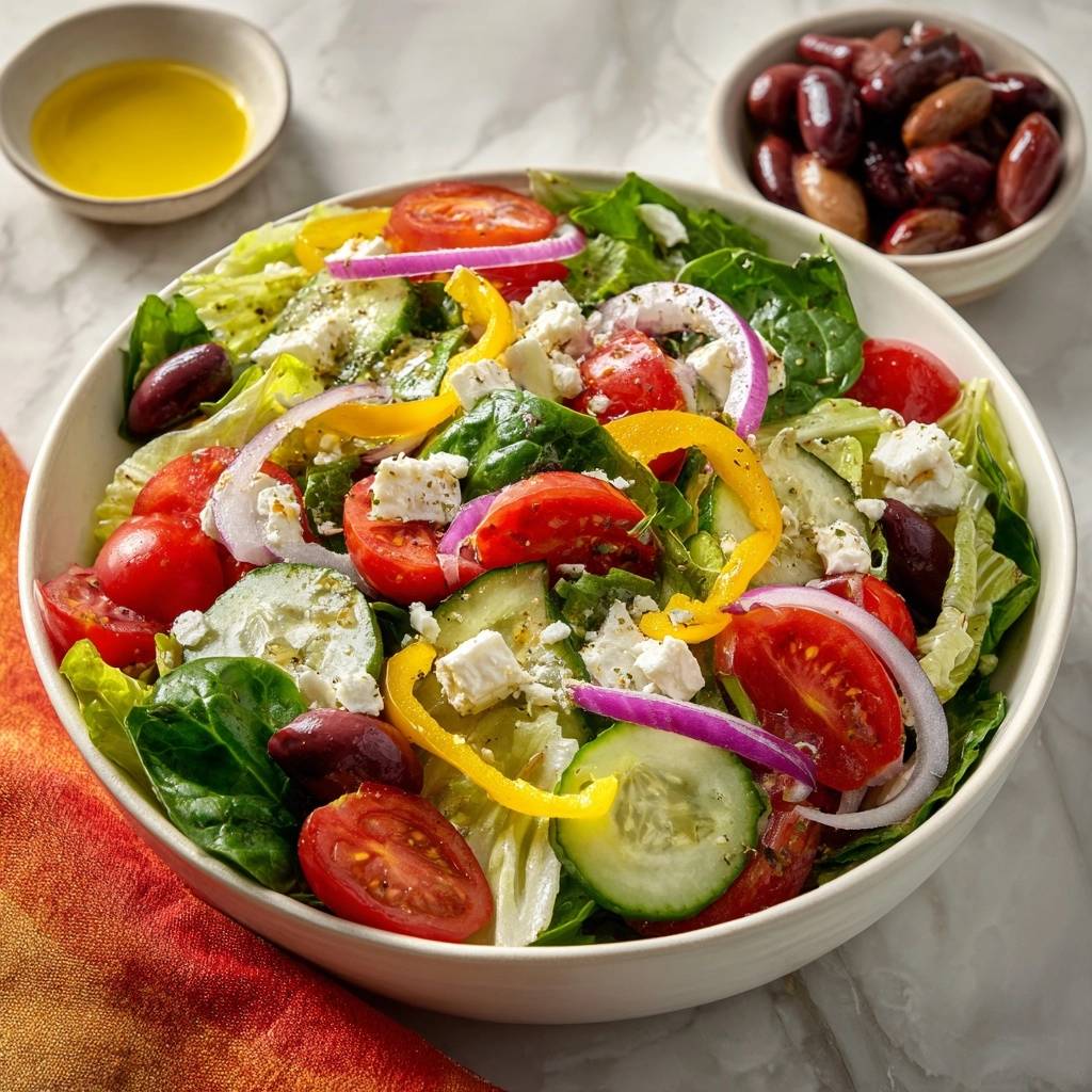 Vibrant Greek Salad in a white bowl with feta, tomatoes, cucumbers, and olives, with a small dish of dressing.