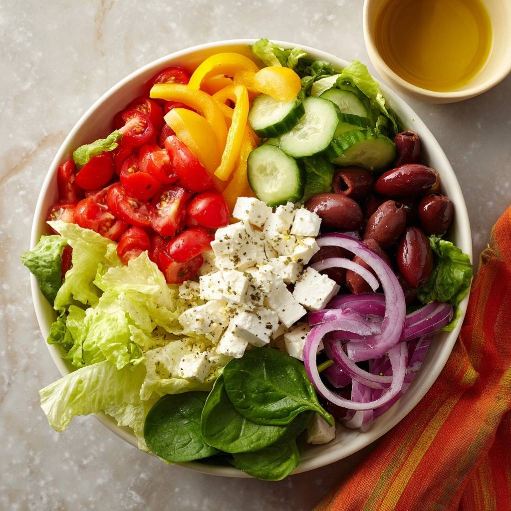 Vibrant Greek Salad shown from a top-down view, with neatly arranged ingredients like tomatoes, feta, and olives.