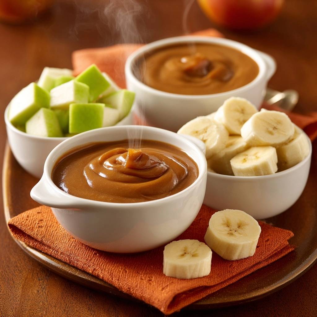 Warm caramel fruit dip, steaming in white bowls with fresh apple and banana slices, showcasing its silky texture.