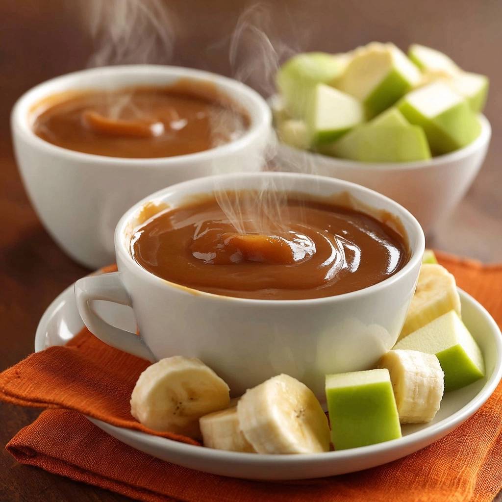 Warm caramel fruit dip in white cups with steam rising, served with sliced bananas and green apples.