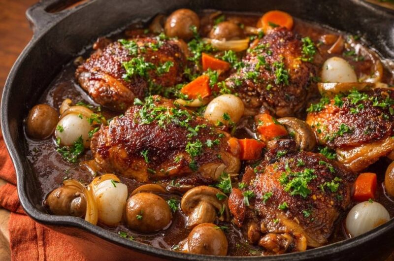 Braised Chicken Thighs with Mushrooms and Pearl Onions