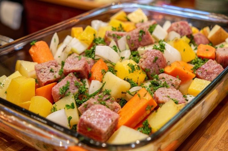Glass Dish Sausage and Root Vegetable Medley