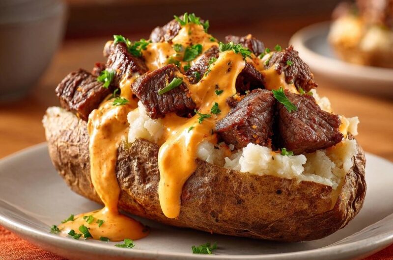 Steak and Queso Loaded Baked Potatoes