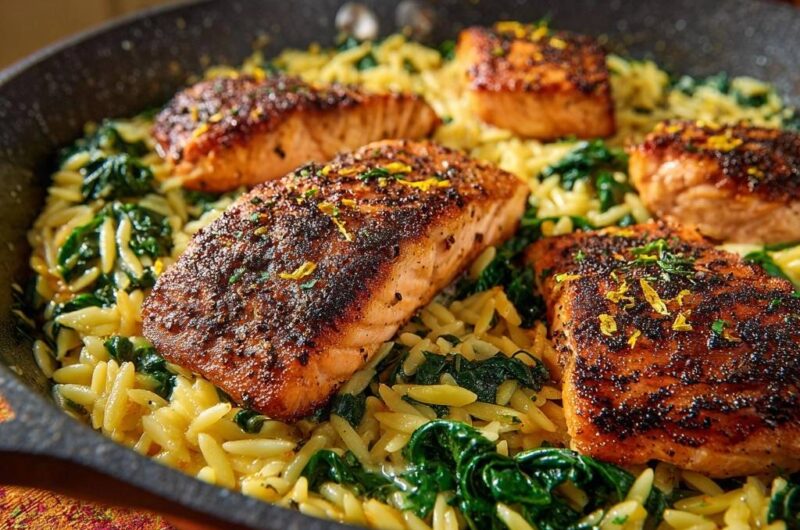 Lemon Garlic Salmon and Orzo Skillet