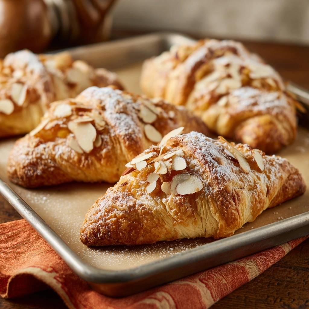 Bakery style almond croissants dusted with powdered sugar and sliced almonds, arranged on a baking tray.