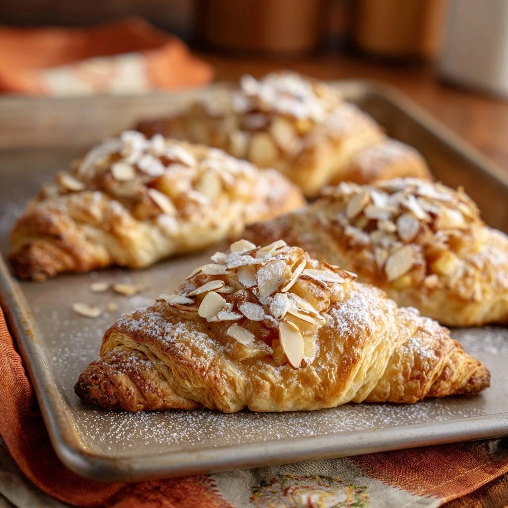 Bakery style almond croissants with a generous topping of sliced almonds and powdered sugar.