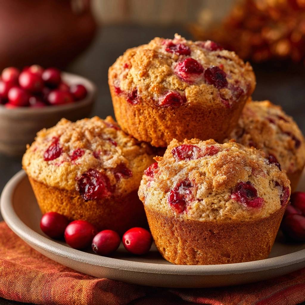 Bakery style cranberry streusel muffins stacked on a plate with fresh cranberries and a rustic napkin.
