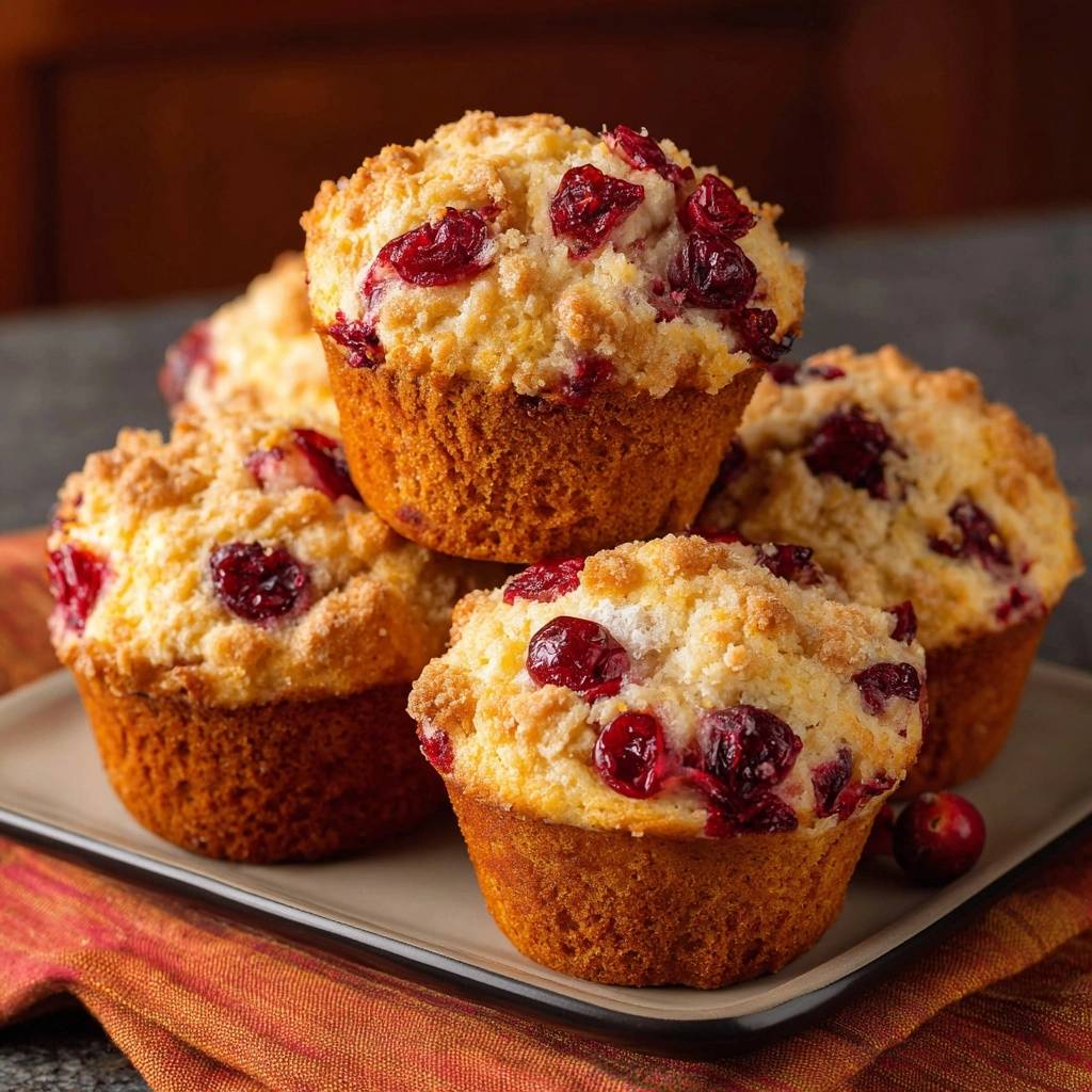 Bakery-style cranberry streusel muffins stacked on a plate, showing the crumb topping and tart fruit.