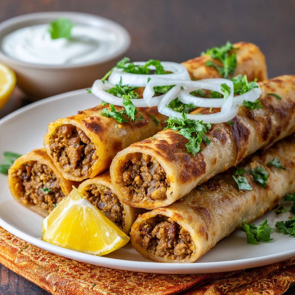 Crispy beef paratha rolls shown in a close-up cross-section, garnished with onion and cilantro.