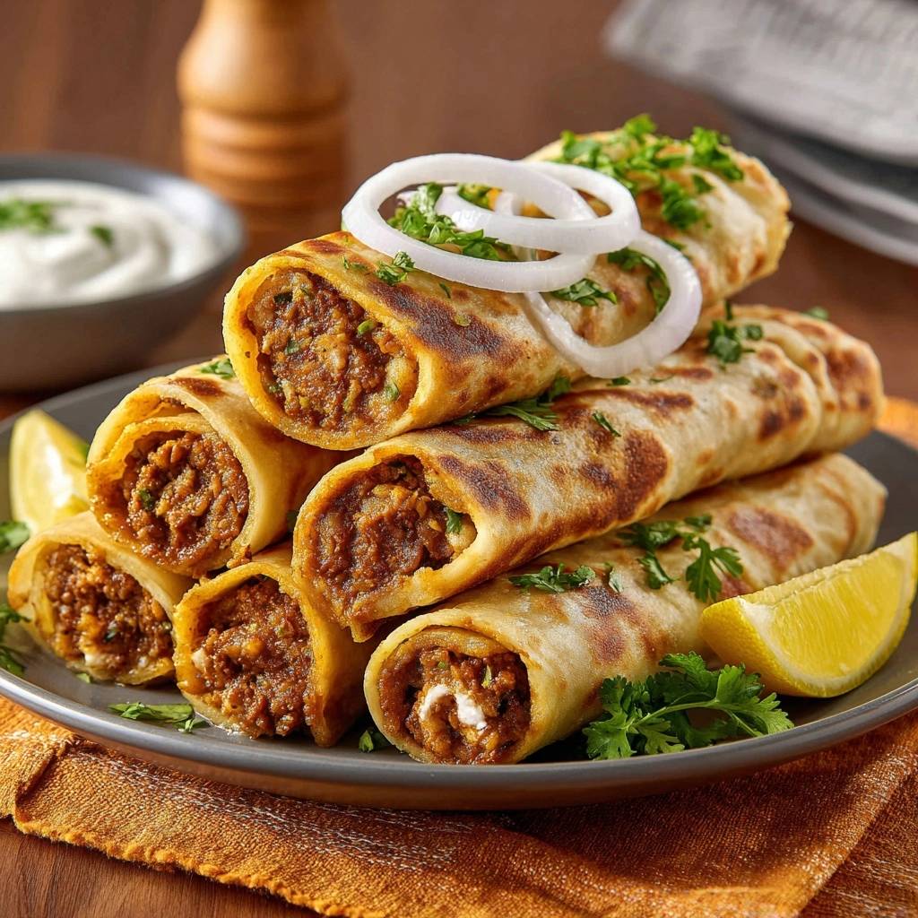 Crispy beef paratha rolls in a stack, showing a detailed cross-section of the savory filling and flaky paratha.