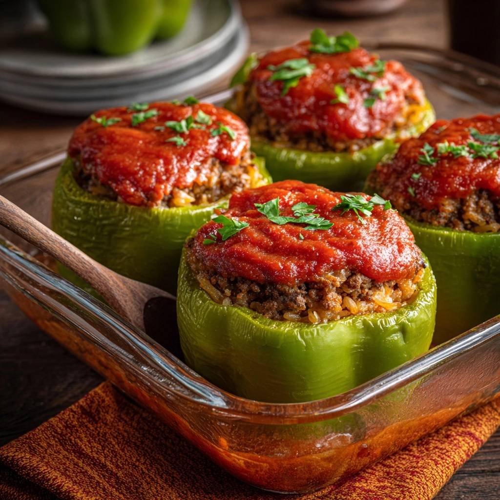 Classic beef and rice stuffed peppers served in a glass baking dish, topped with marinara sauce and parsley.