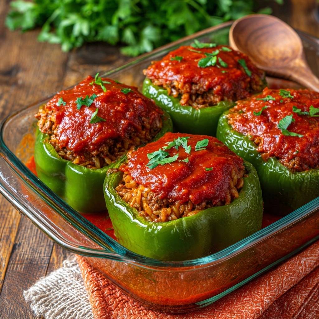 Classic beef and rice stuffed peppers nestled in a clear glass baking dish, topped with tomato sauce and parsley.