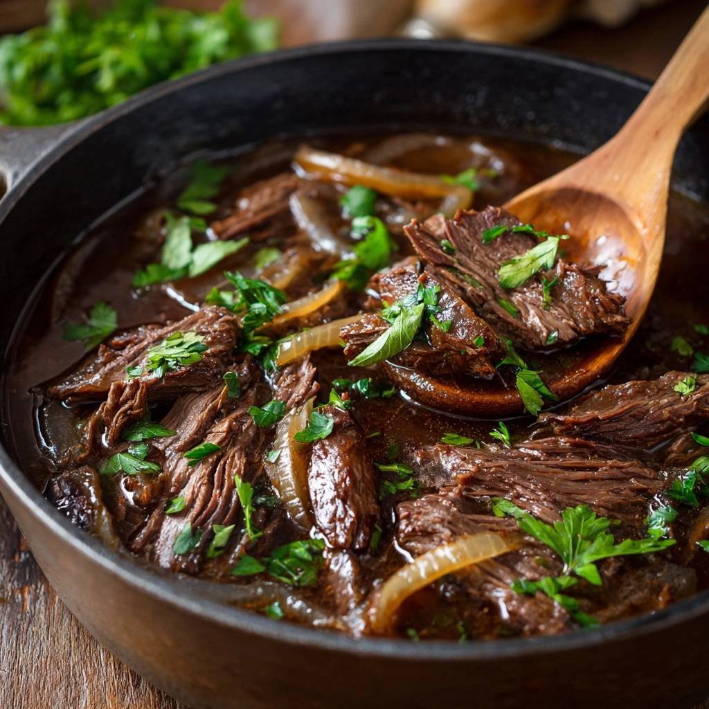 Slow-simmered braised beef and onions shown on a wooden spoon, with fresh parsley garnish.