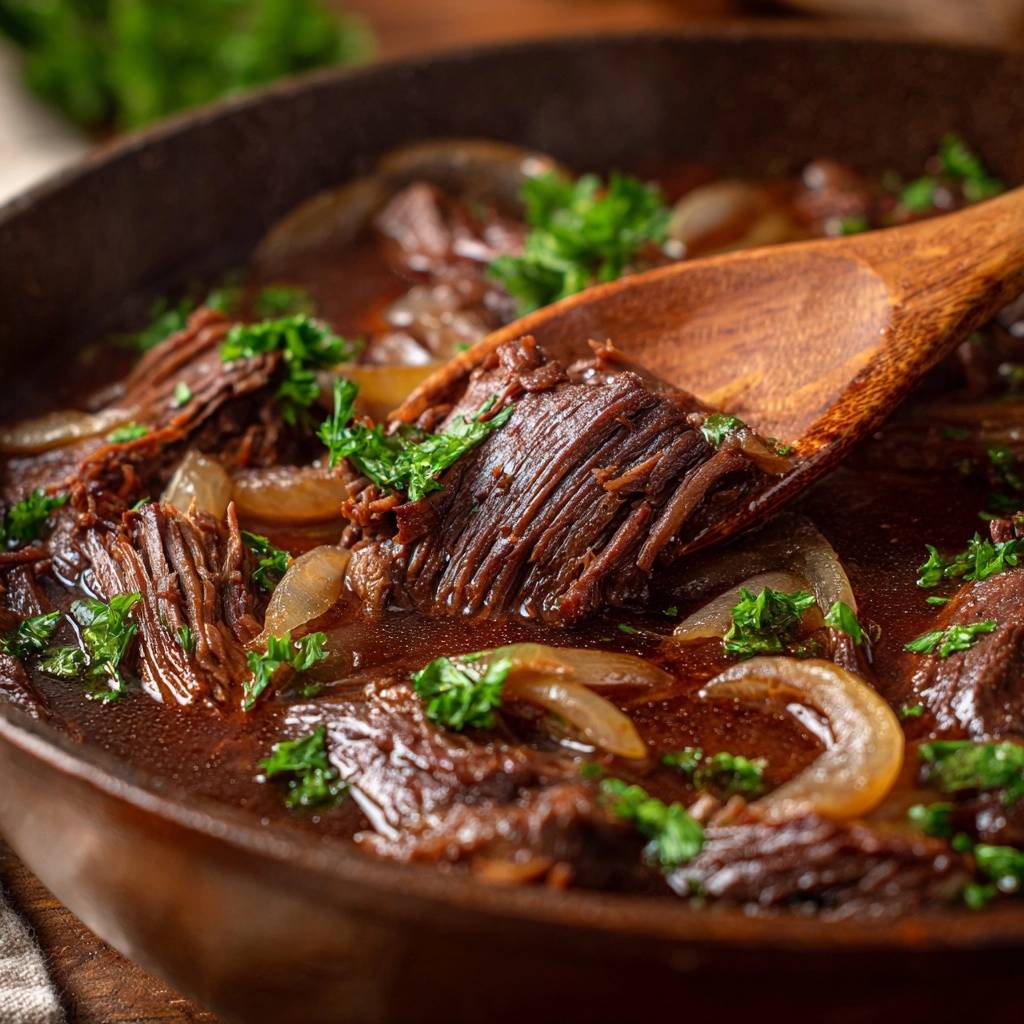 Master slow-simmered braised beef and onions being scooped with a wooden spoon, showing tender shredded meat and onions in rich sauce.