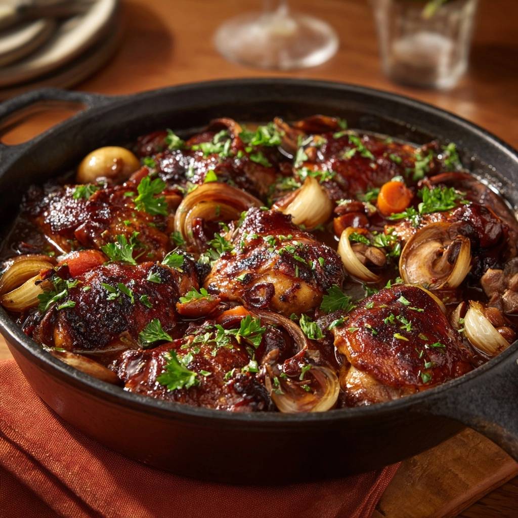 Braised chicken thighs with mushrooms and pearl onions served in a rustic cast iron pan, garnished with fresh parsley.