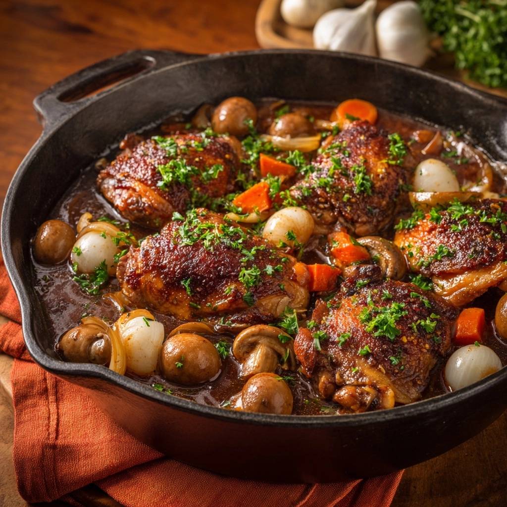 Braised chicken thighs with mushrooms and pearl onions served in a rustic cast iron pan, garnished with fresh parsley.