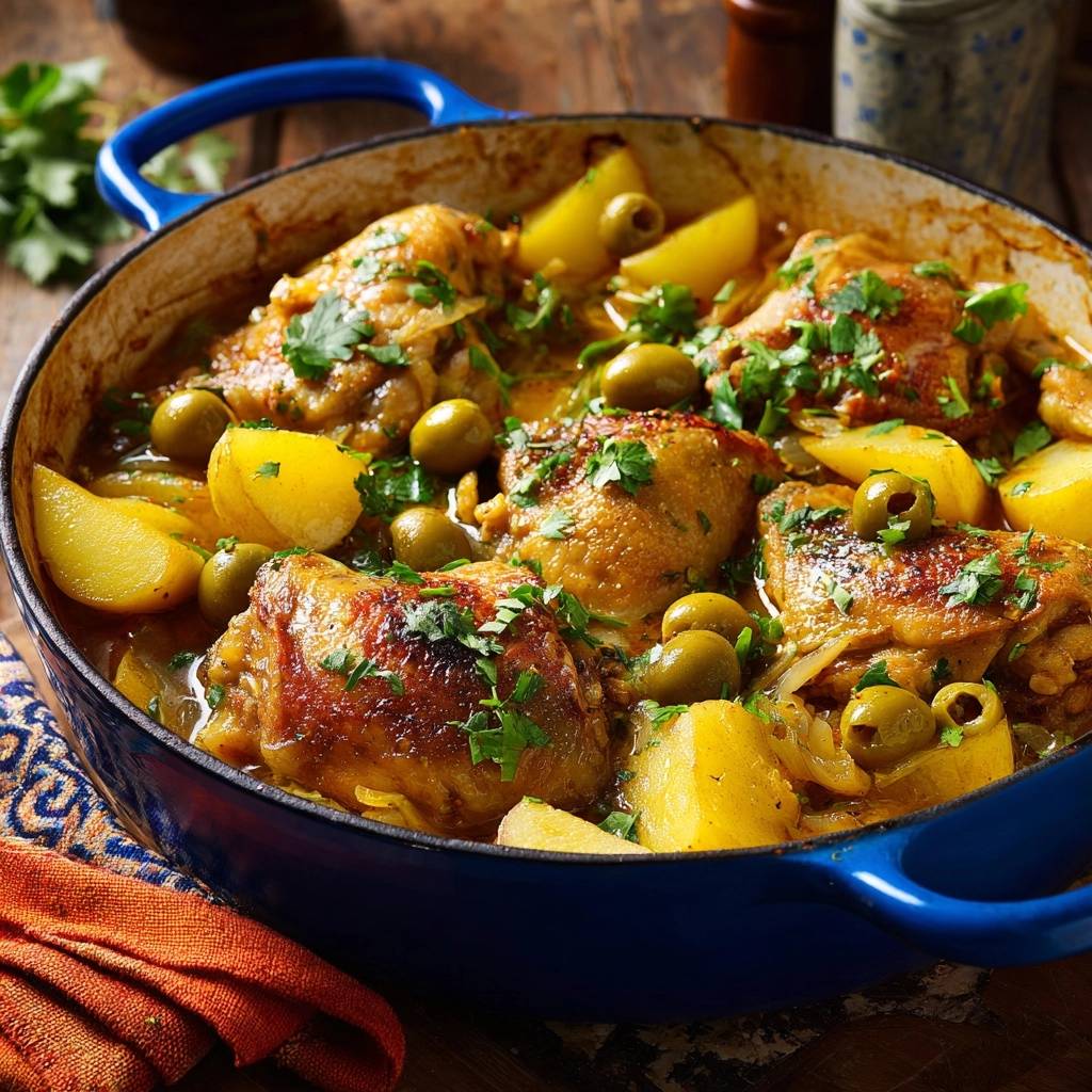 Braised lemon herb chicken and potatoes shown in a blue Dutch oven with olives and parsley garnish.