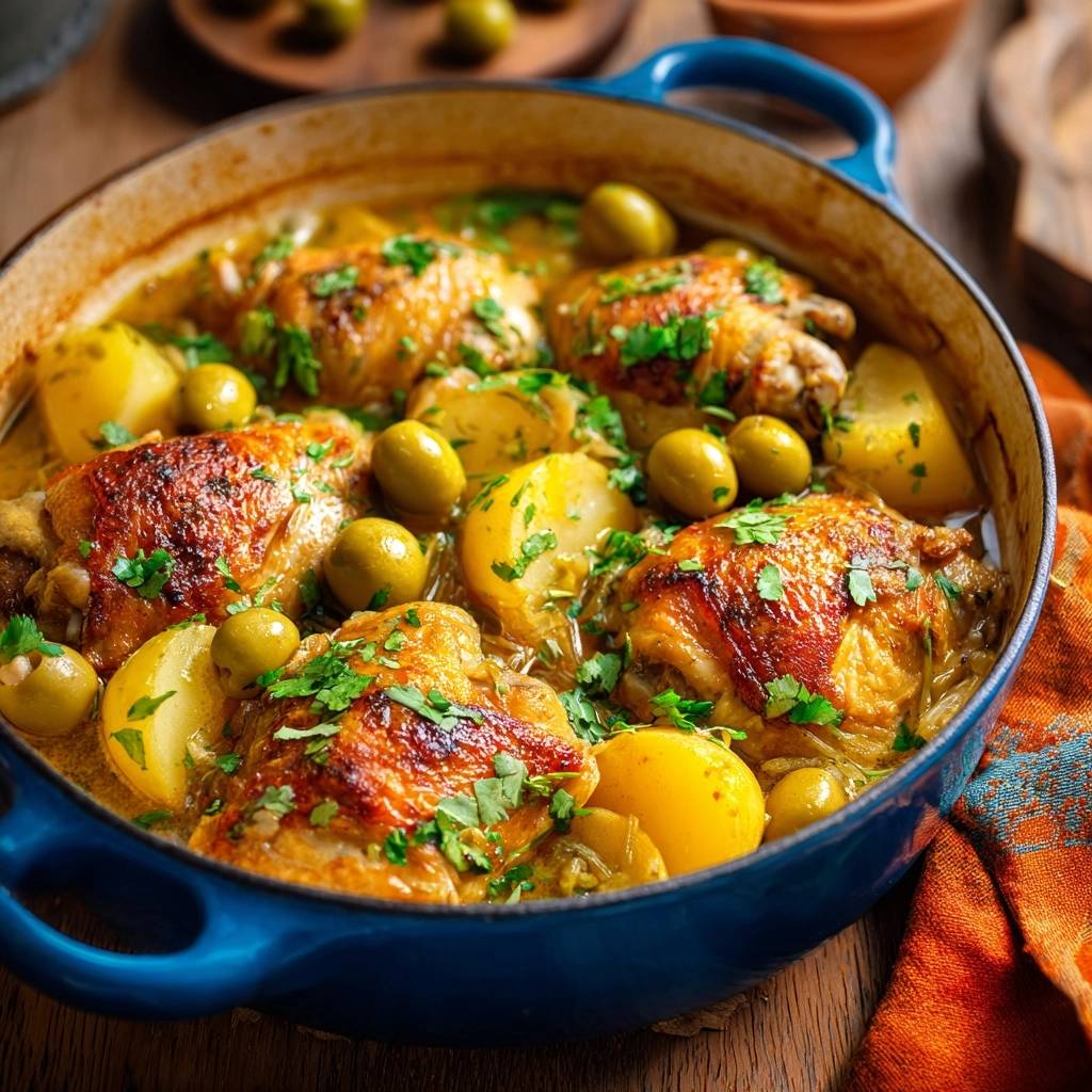 Braised lemon herb chicken and potatoes served in a blue Dutch oven with olives and parsley garnish.