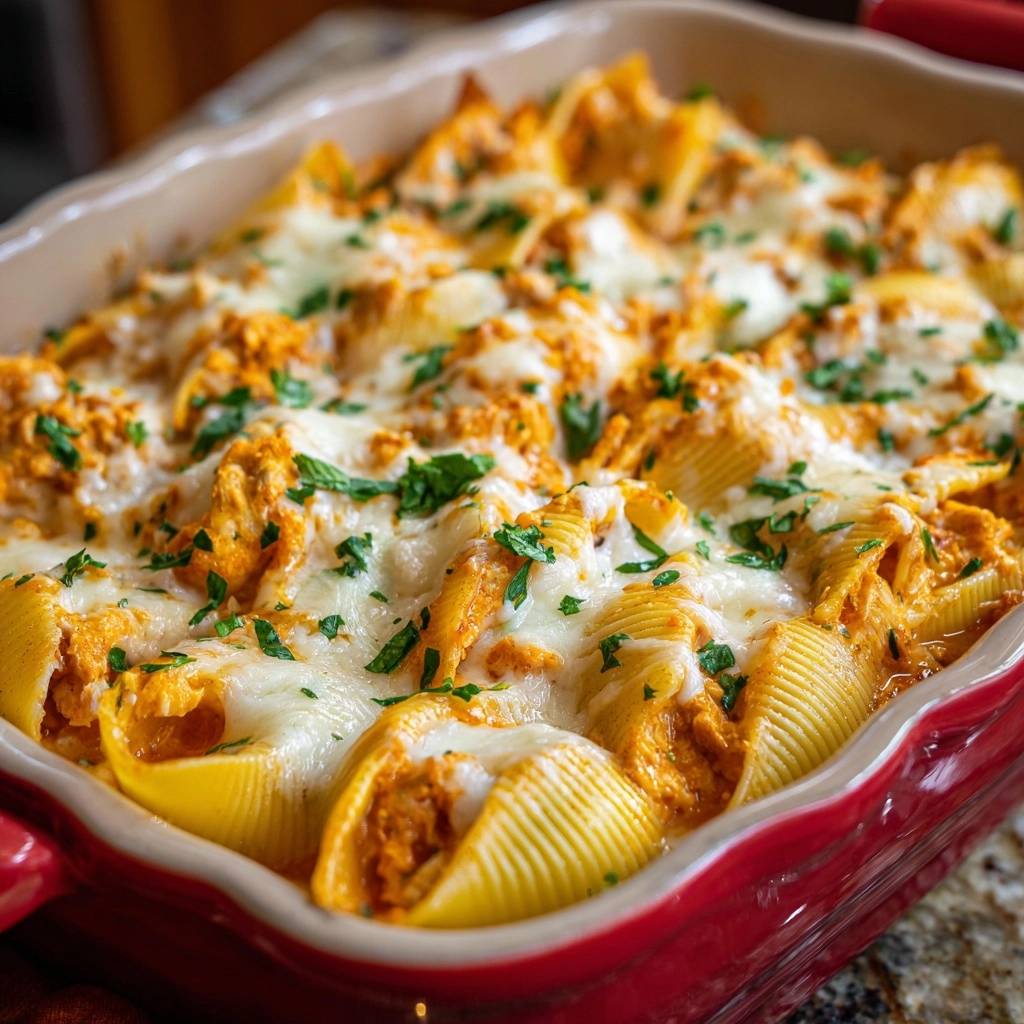 Buffalo chicken stuffed shells, a close-up view of the baked pasta dish with melted cheese and parsley garnish.