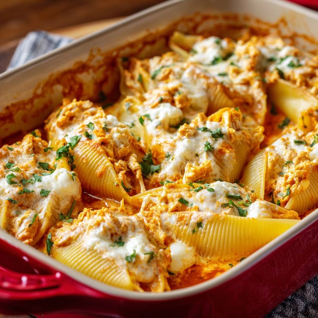 Buffalo chicken stuffed shells in a red baking dish, topped with melted cheese and parsley.