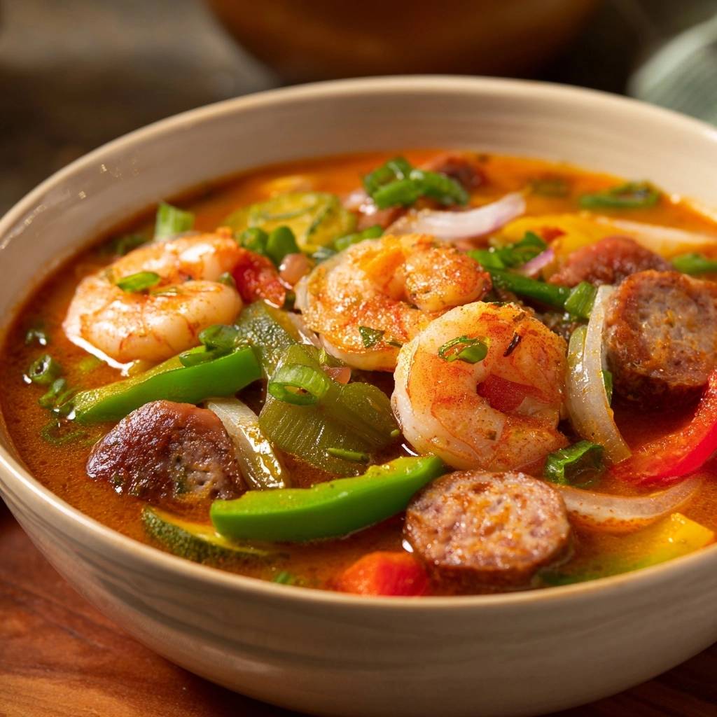 Cajun shrimp and sausage gumbo served in a bowl, a close-up view showcasing shrimp, sausage, and vegetables.