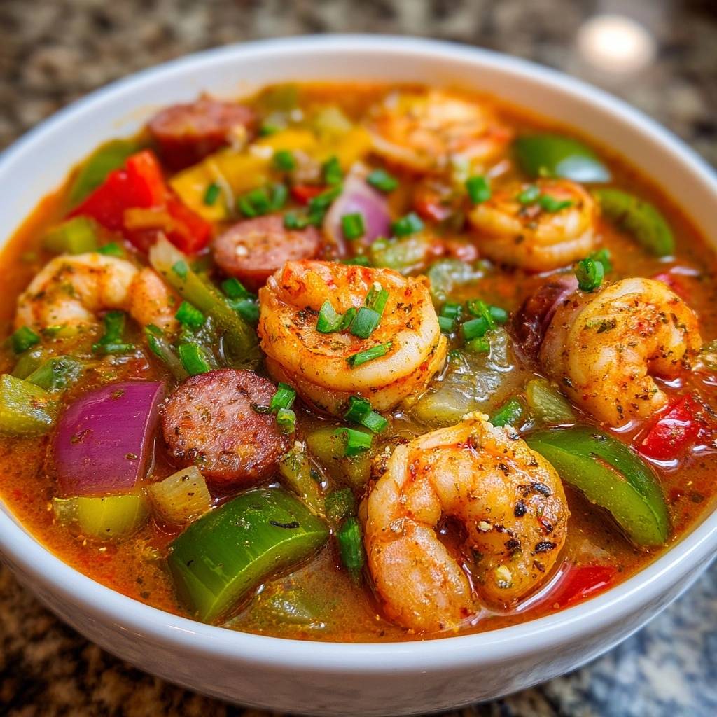 Cajun shrimp and sausage gumbo served in a white bowl, featuring a close-up view of plump shrimp, sausage slices, and colorful vegetables.