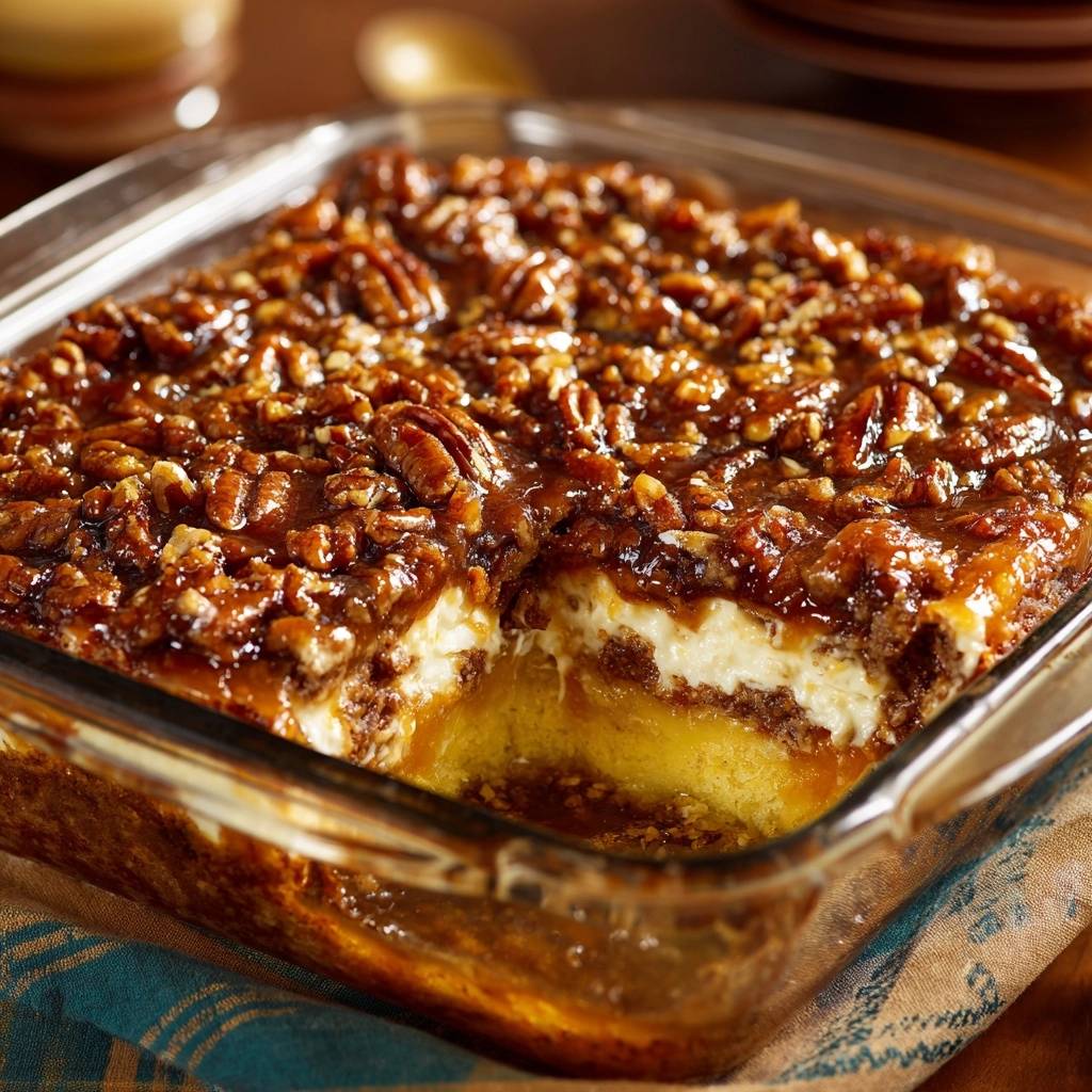 Caramel Pecan Cheesecake Lush revealed in a close-up cross-section showing creamy layers and pecan topping.