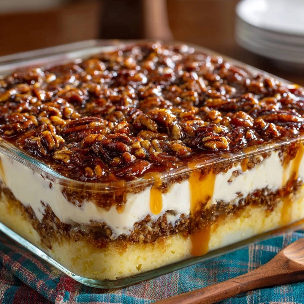 Caramel pecan cheesecake lush shown in a clear glass dish, revealing its layered interior and pecan topping.