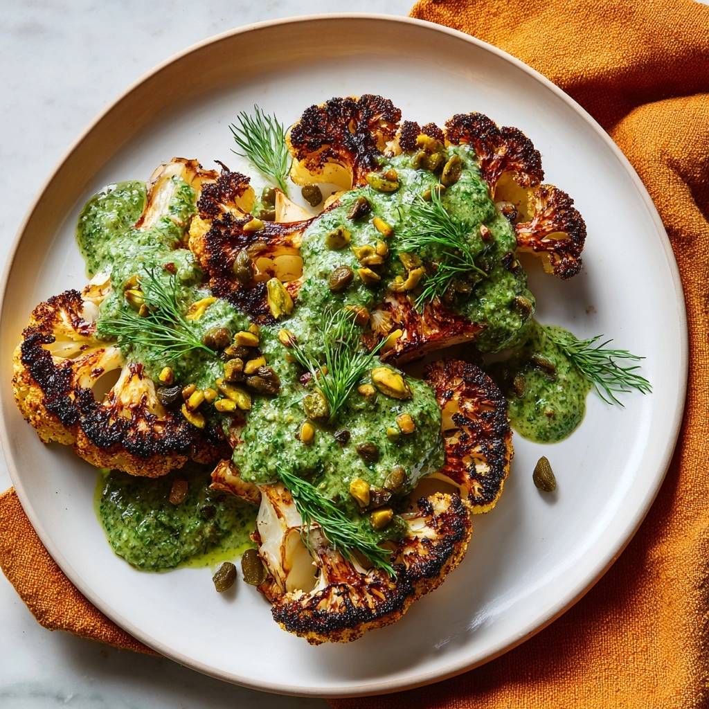 Charred cauliflower steaks with pistachio gremolata, plated and drizzled with herb sauce and garnished with dill.