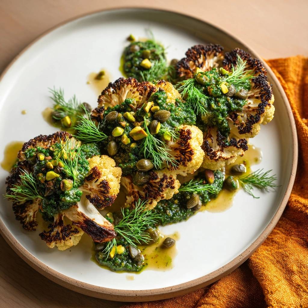 Charred cauliflower steaks with pistachio gremolata plated with fresh dill and capers, showcasing the anti-soggy method.