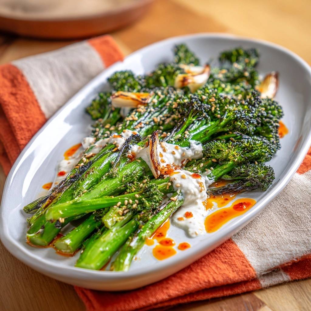 Charred garlic broccolini with lemon yogurt drizzle and chili oil, served on a white platter.