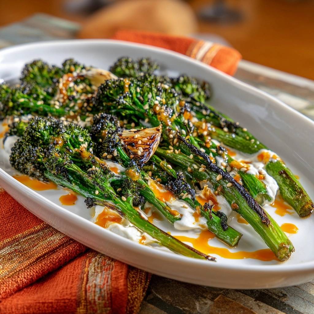 Charred garlic broccolini with lemon yogurt and a drizzle of sauce, showcasing sesame seeds and roasted garlic cloves.